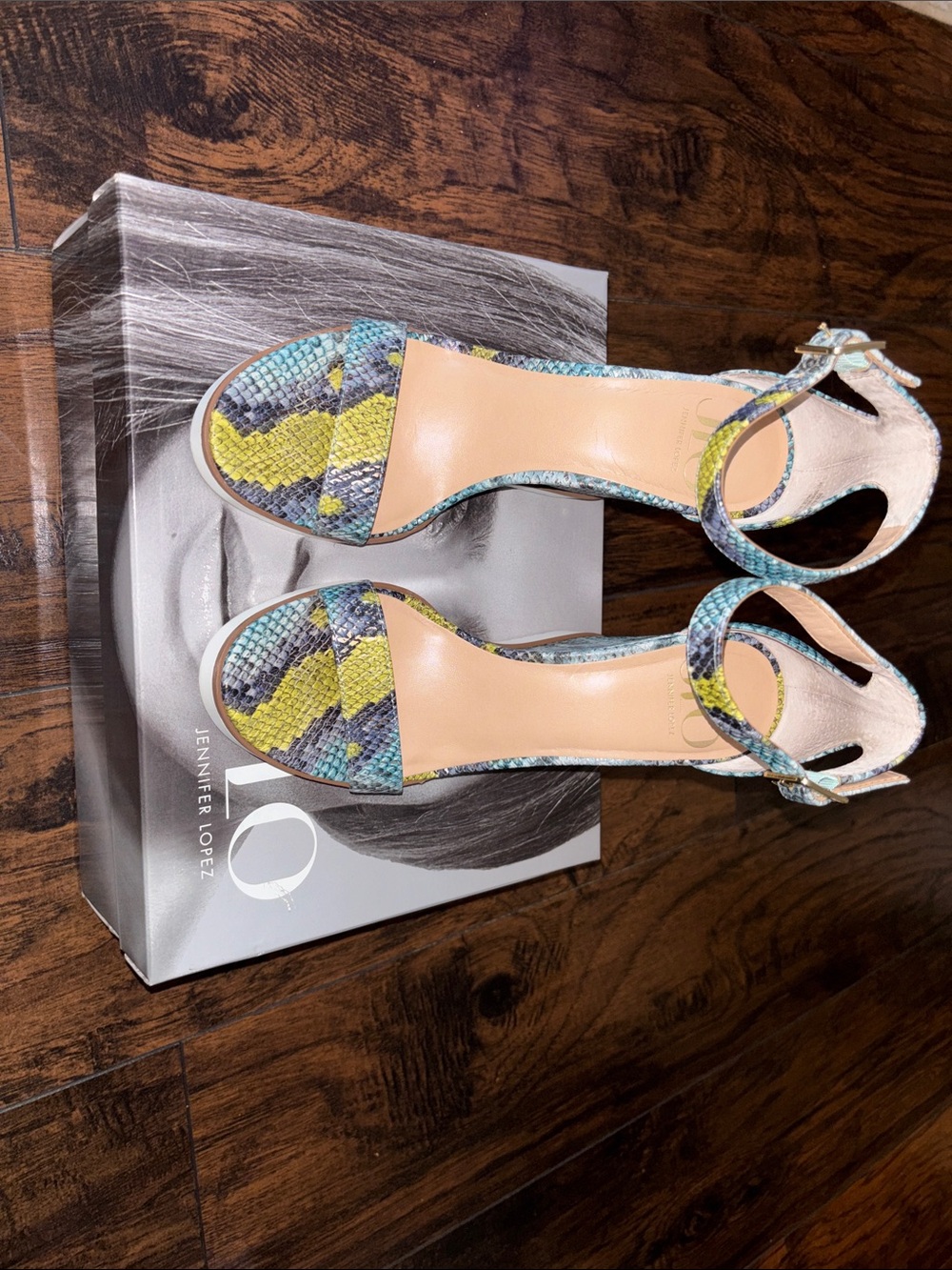 Jennifer Lopez Yellow & Blue Snake-Print Ankle Strap Sandals - Picture 5 of 7